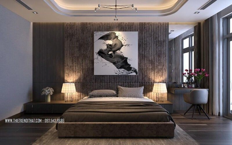 Giường bọc nệm đẹp, sang trọng cho phòng ngủ master hiện đại. 