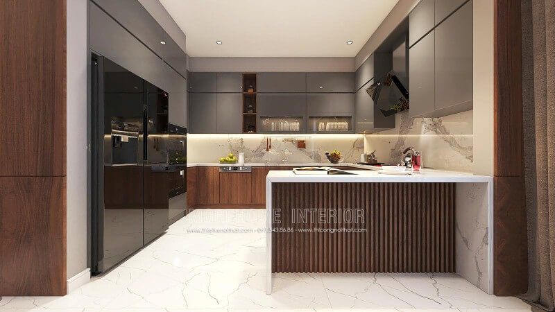 Sắp xếp nội thất phòng bếp độc đáo từ gỗ An Cường cao cấp kết hợp cùng đá ốp bếp sang trọng.