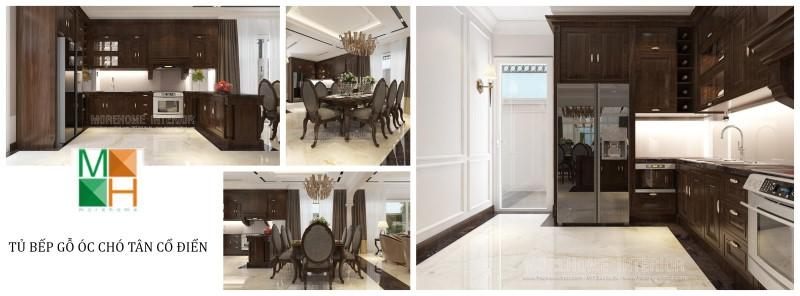Đặc điểm của của tủ bếp tân điển là phải sử dụng chất gỗ tự nhiên, vậy nên tủ bếp gỗ óc chó đang vật liệu được lựa chọn nhiều nhất.